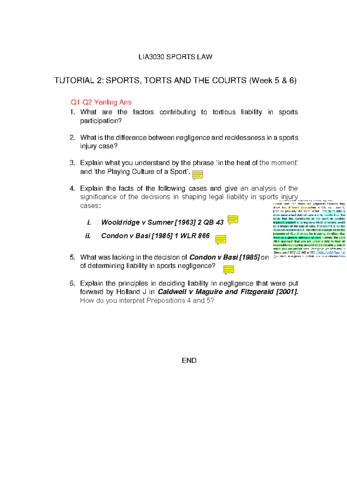 LIA3030 Sports Law Tutorial 2: Torts, Negligence & Liability Analysis ...