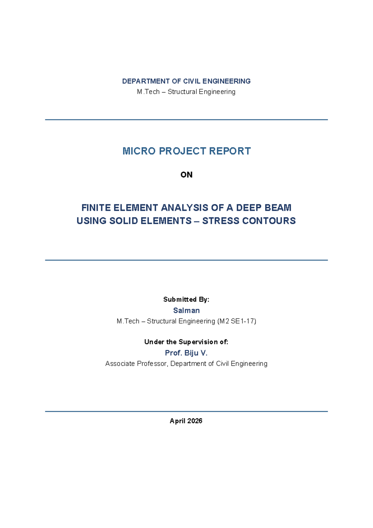 M.Tech Structural Engineering Micro Project Report: FEA of Deep Beam ...