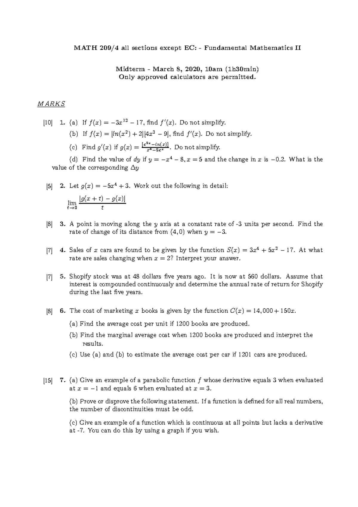 MATH 209/4 Midterm Practice Exam - Fundamental Mathematics II 2020 ...