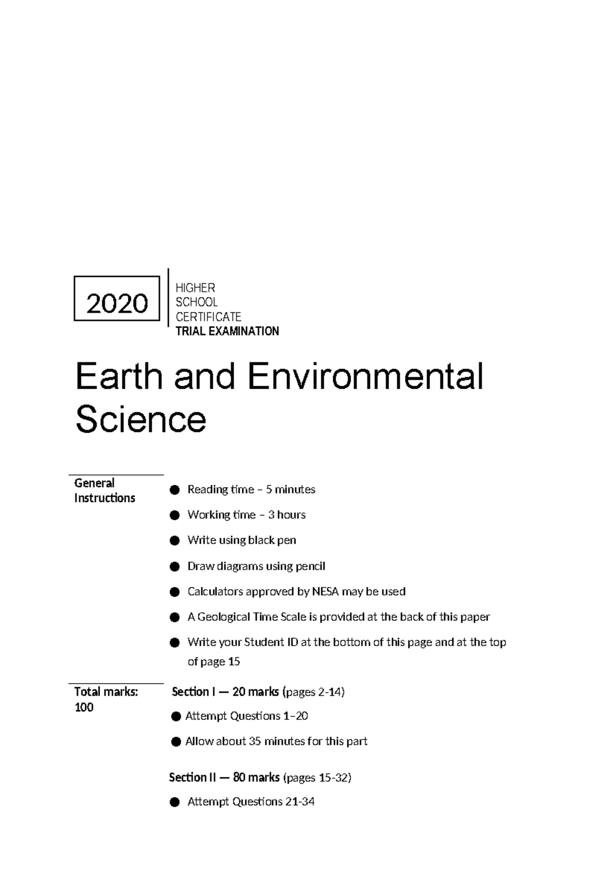 2020 Earth and Environmental Science HSC Trial Exam Paper - Studocu