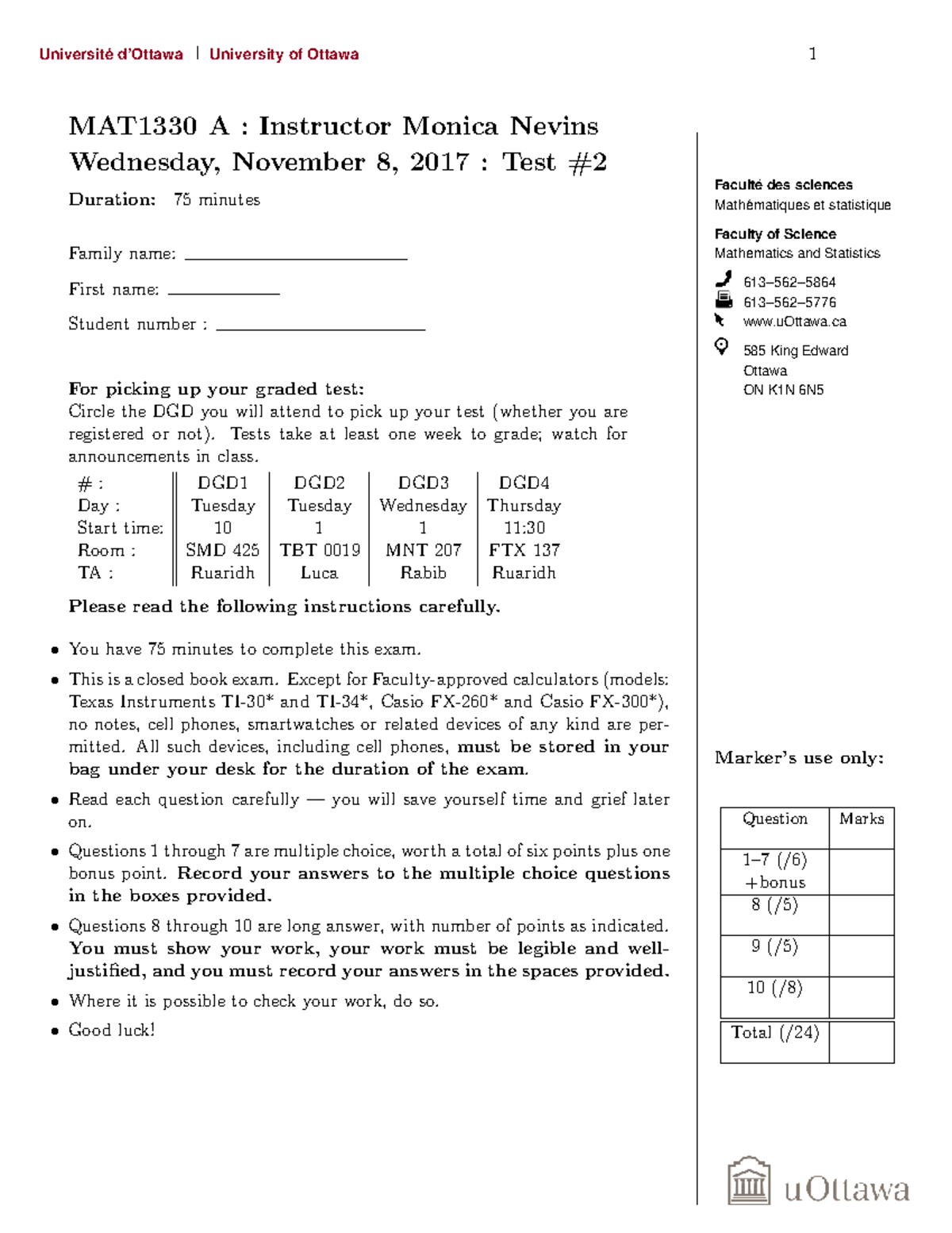 University of Ottawa MAT1330 A: 2017 Midterm 2 Exam Instructions and ...