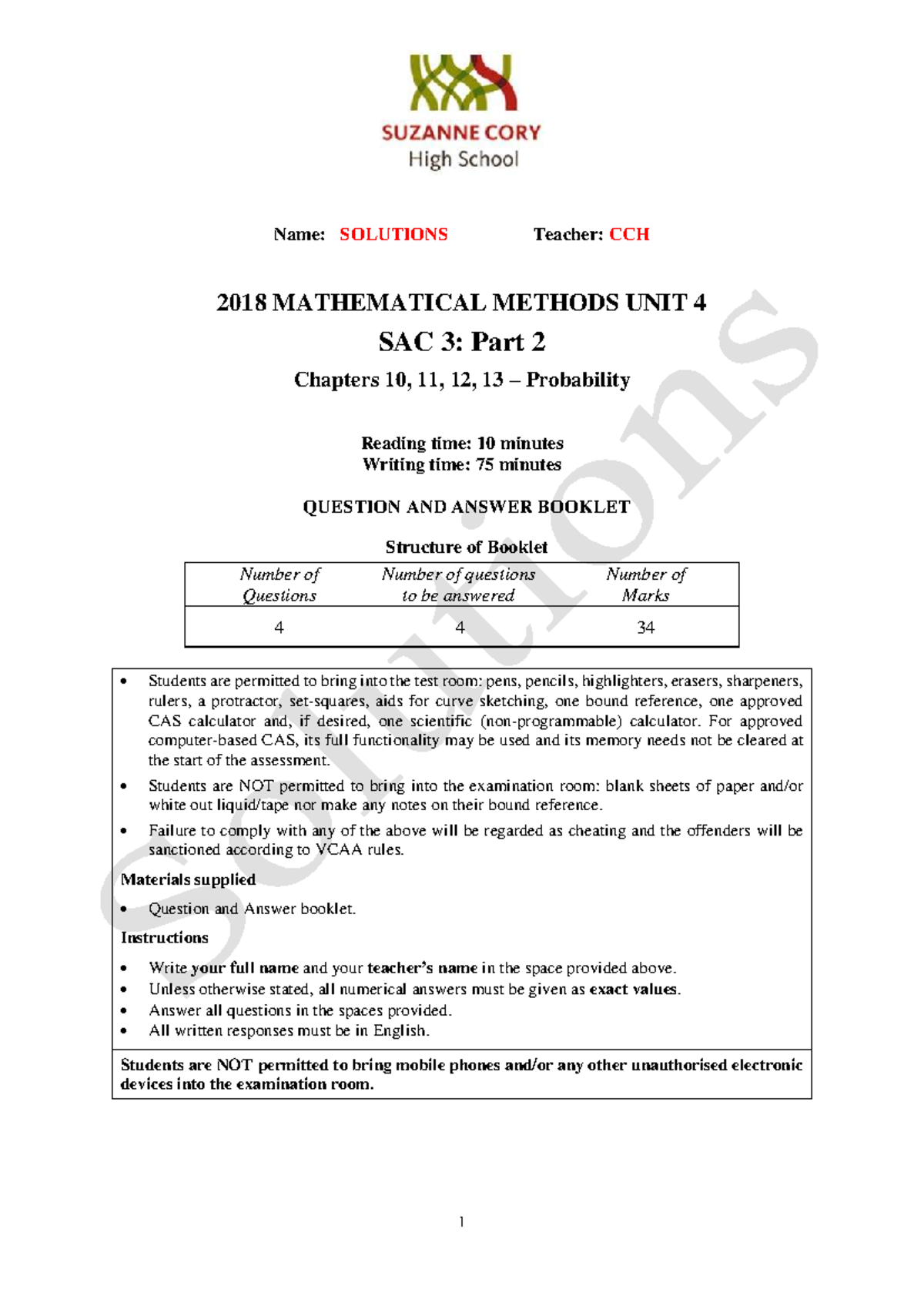 2018 MATHEMATICAL METHODS UNIT 4 SAC 3: Part 2 Solutions Guide - Studocu