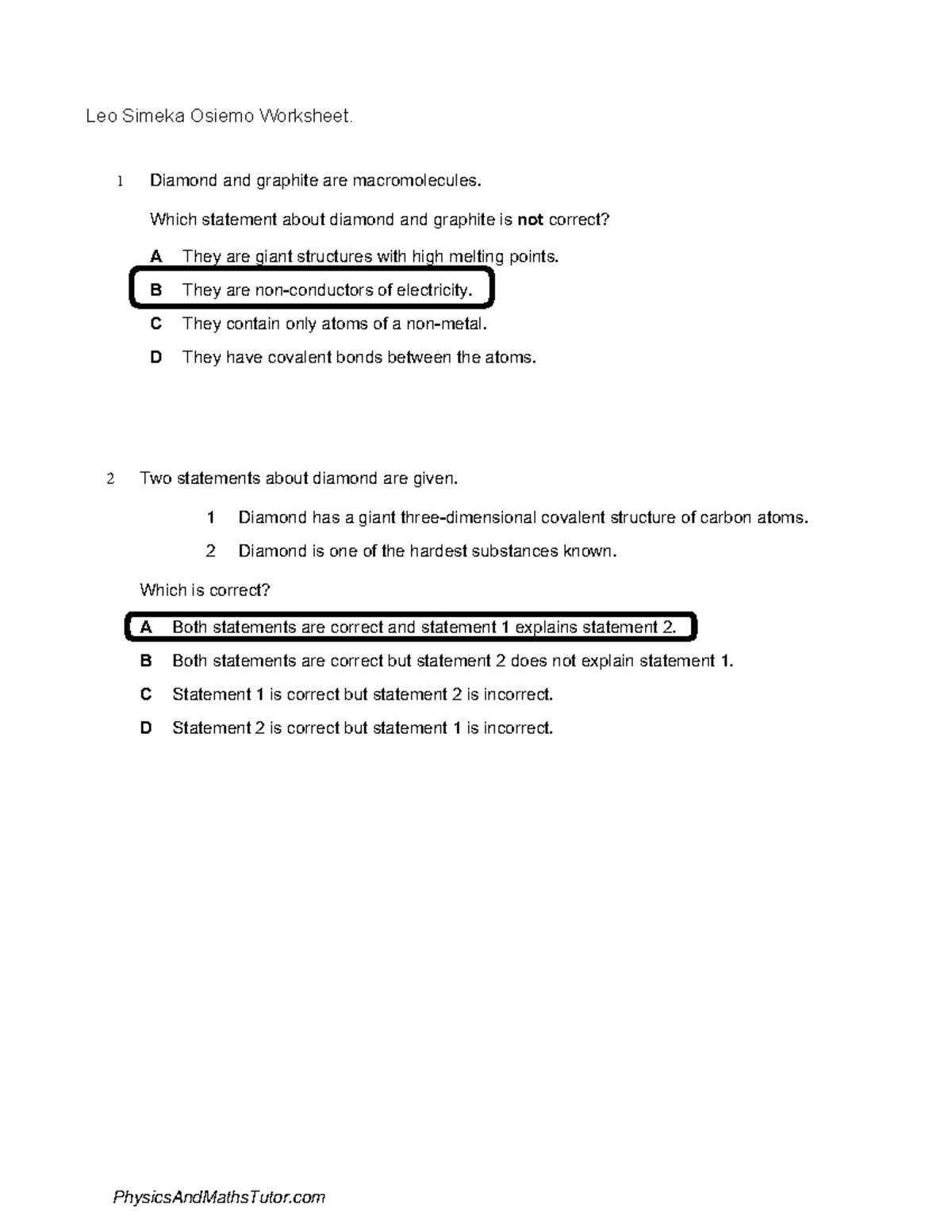 Leo's Worksheet on Diamond and Graphite Analysis - Studocu