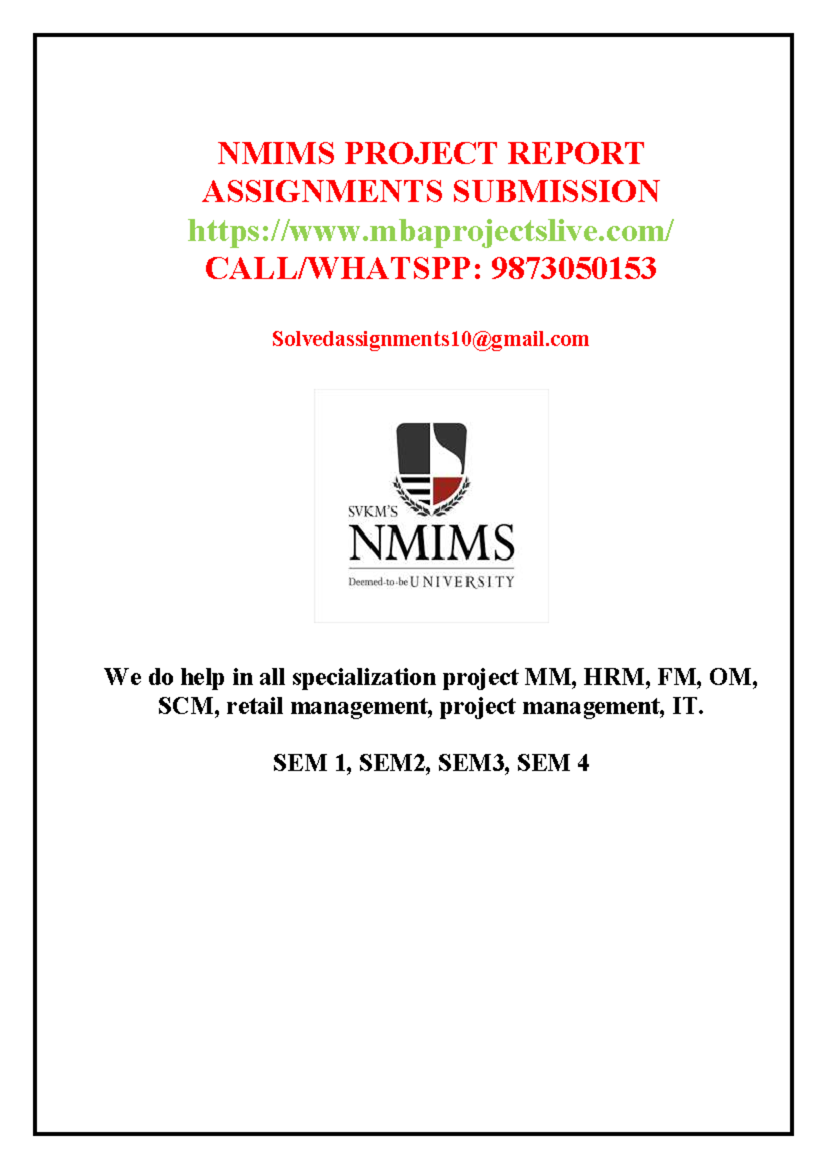 Nmims - NMIMS PROJECT REPORT ASSIGNMENTS SUBMISSION mbaprojectslive ...