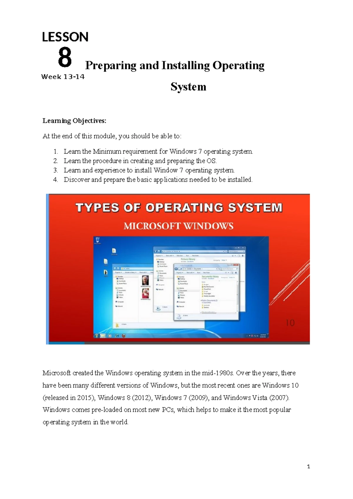 OS Lesson 7 - History of Windows Operating System Lecture Notes - Studocu