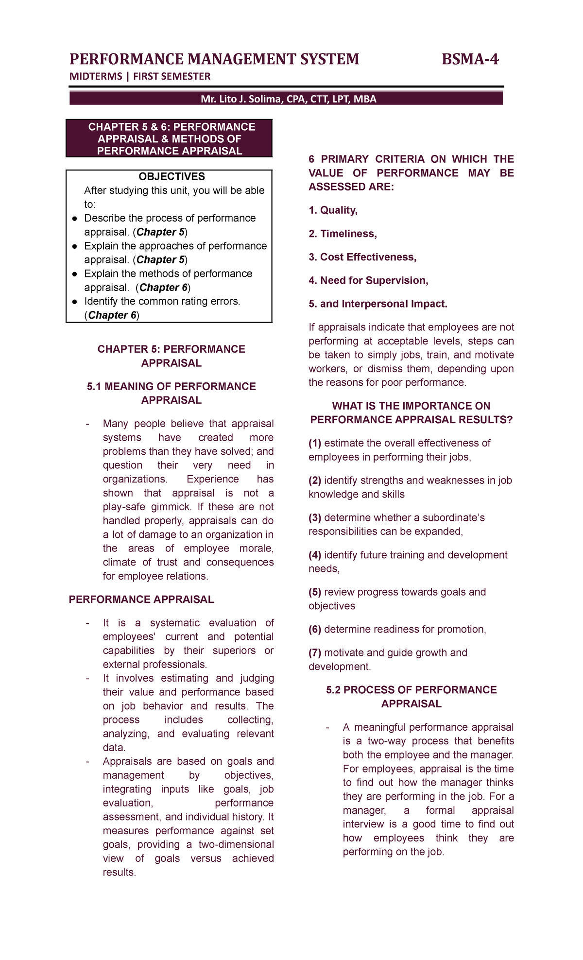 PMS 101 Midterm Study Notes: Performance Appraisal Insights - Studocu