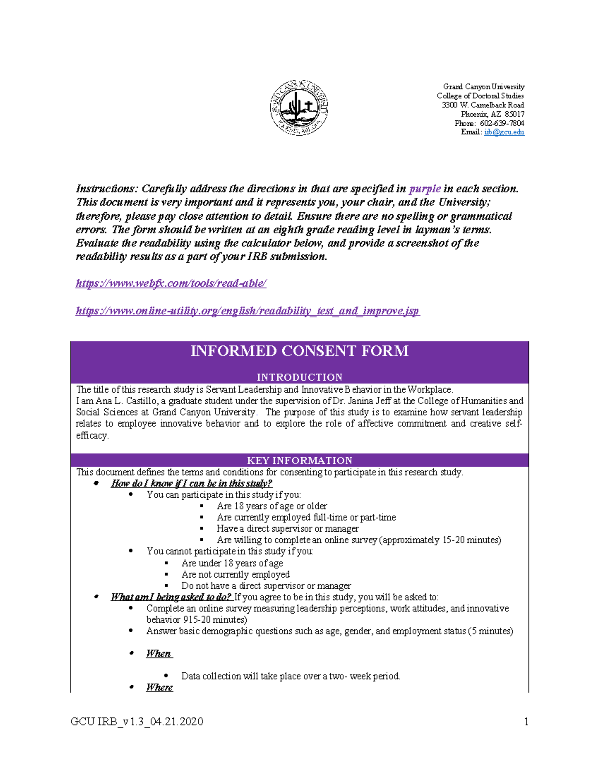 Informed Consent Form for Research Study: Servant Leadership ...