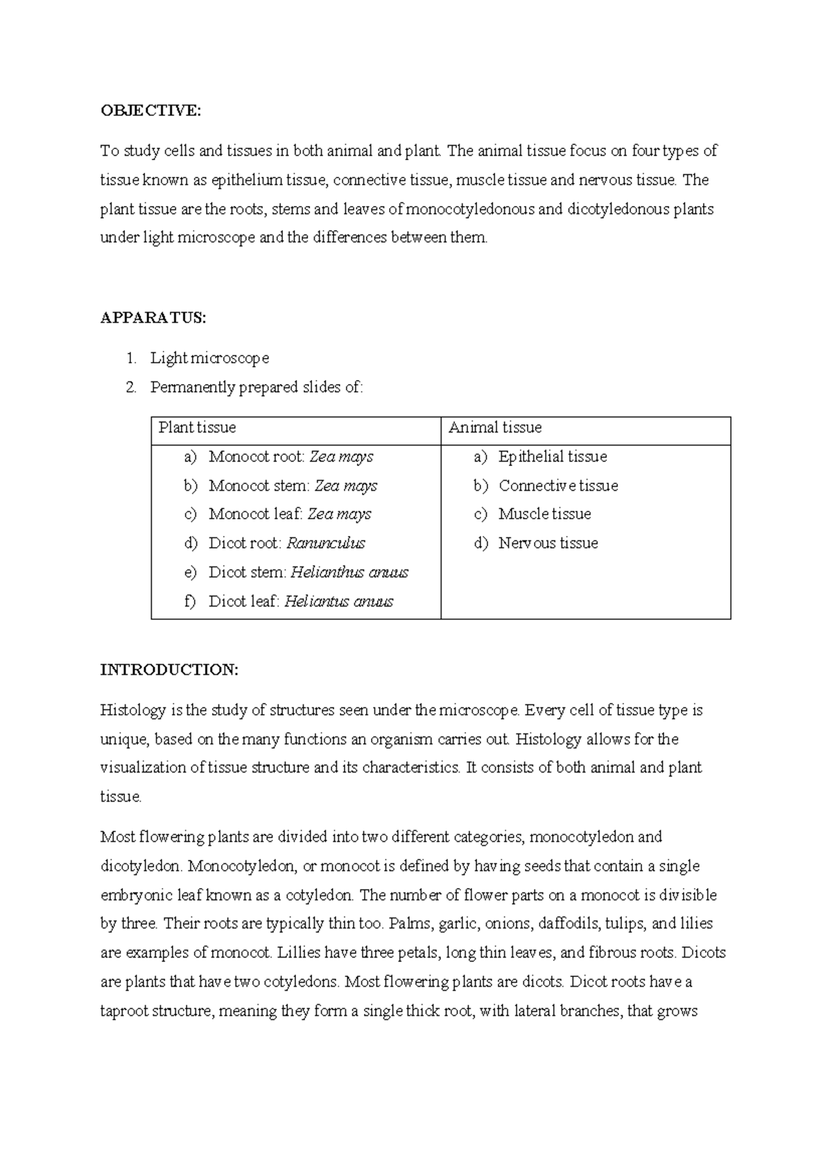 BIO083 Lab Report 3: Histology of Animal and Plant Tissues - Studocu