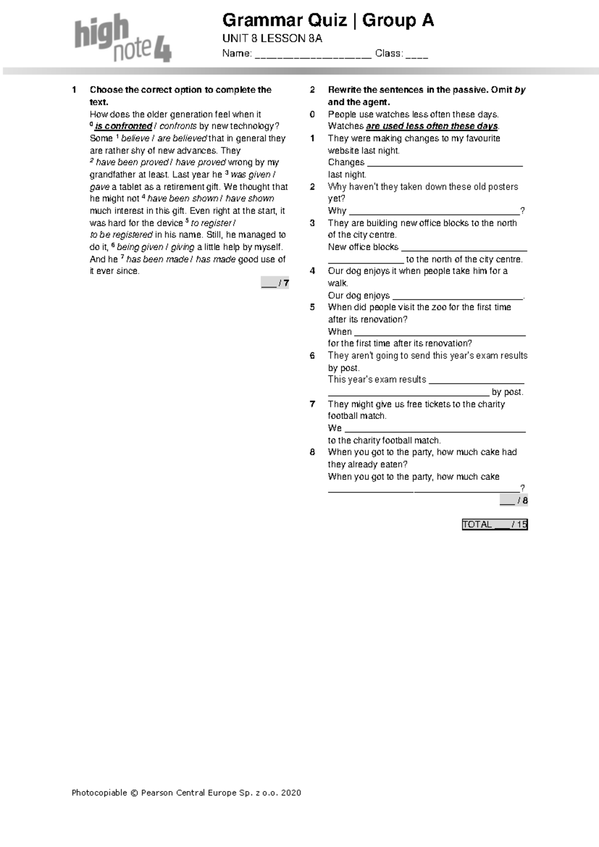 High Note 4 U8A Grammar Quiz: Unit 8 Lesson 8A - Studocu