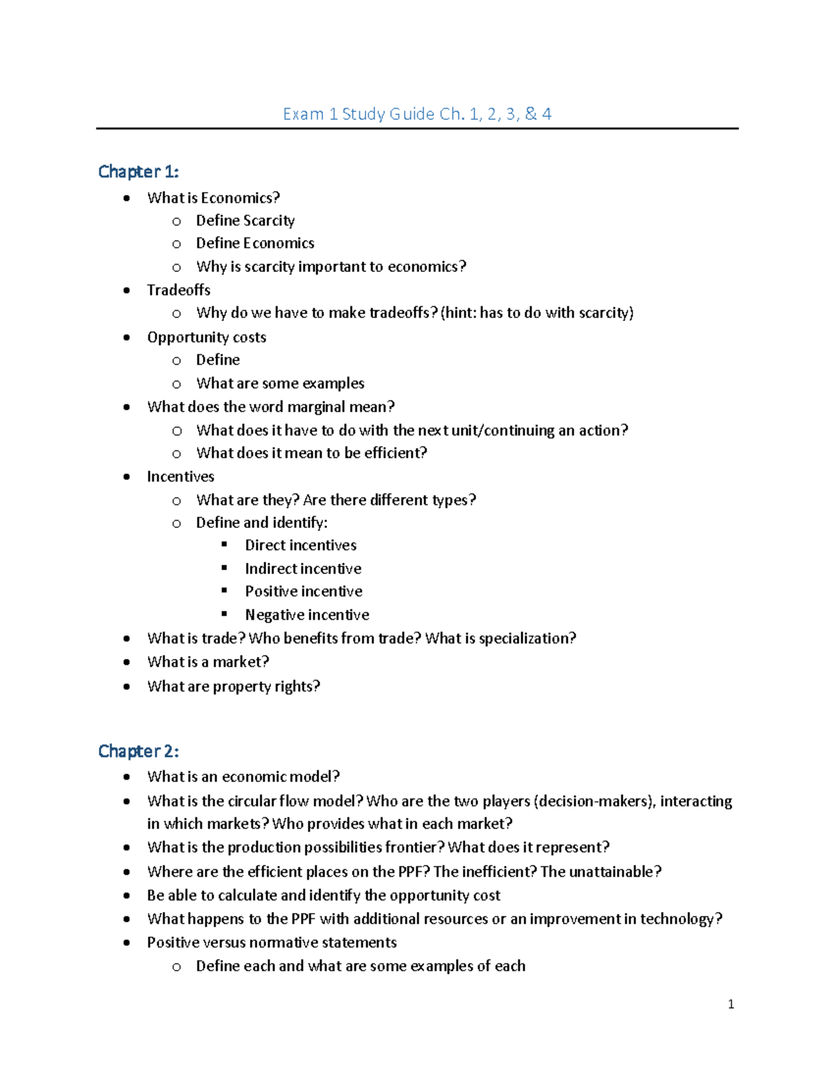 Eco 201 Exam 1 Study Guide: Key Concepts from Ch. 1-4 - Studocu