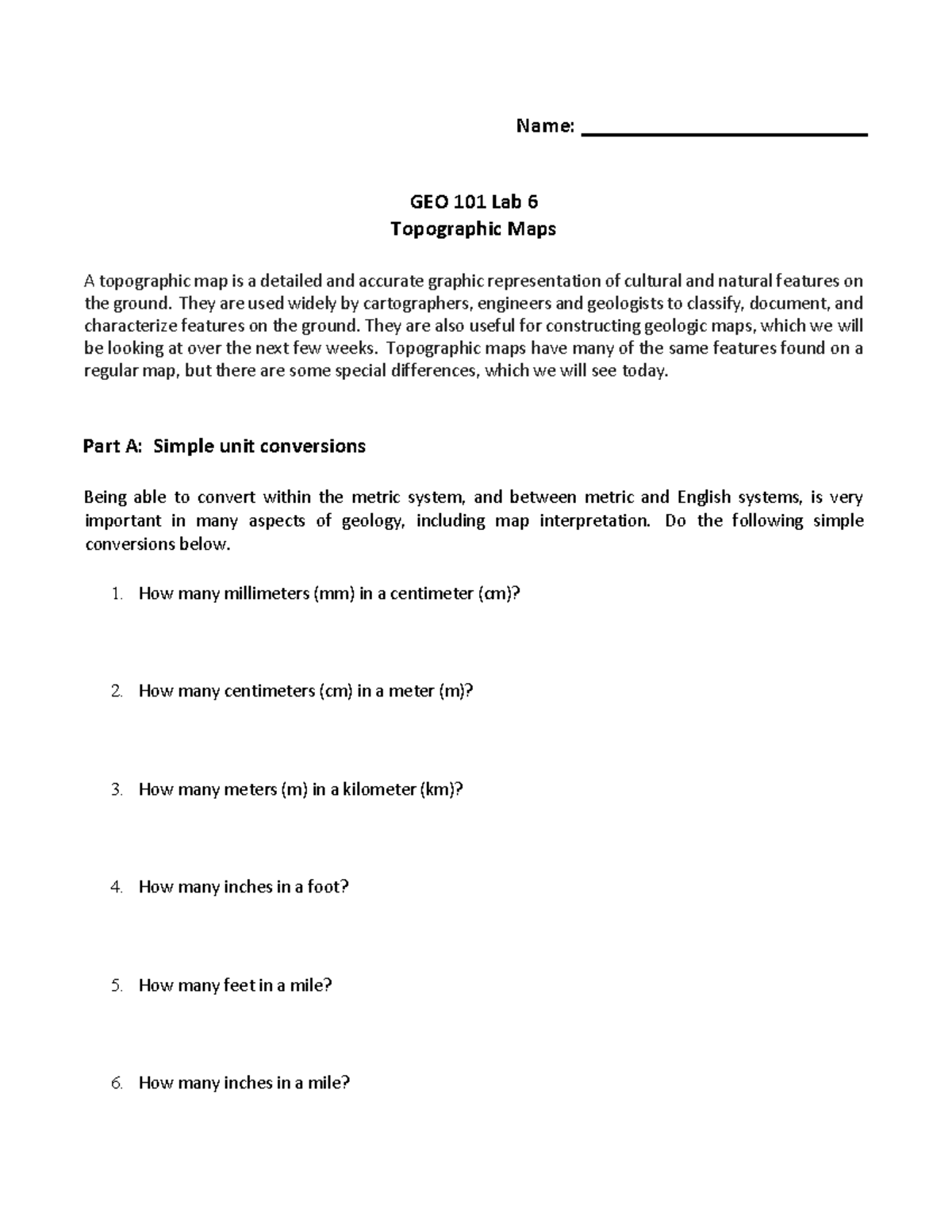 GEO 101 Lab 6: Topographic Maps - Studocu