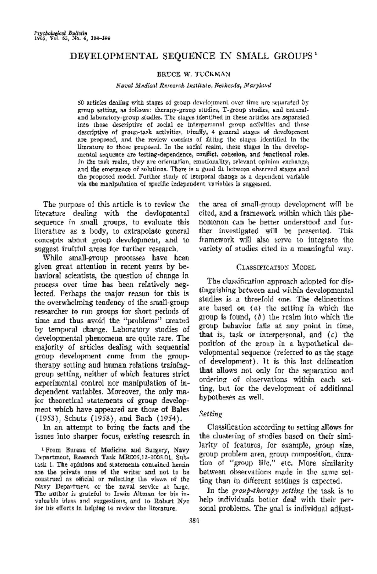 Tuckman’s 4-Stage Developmental Model in Small Groups Review - Studocu