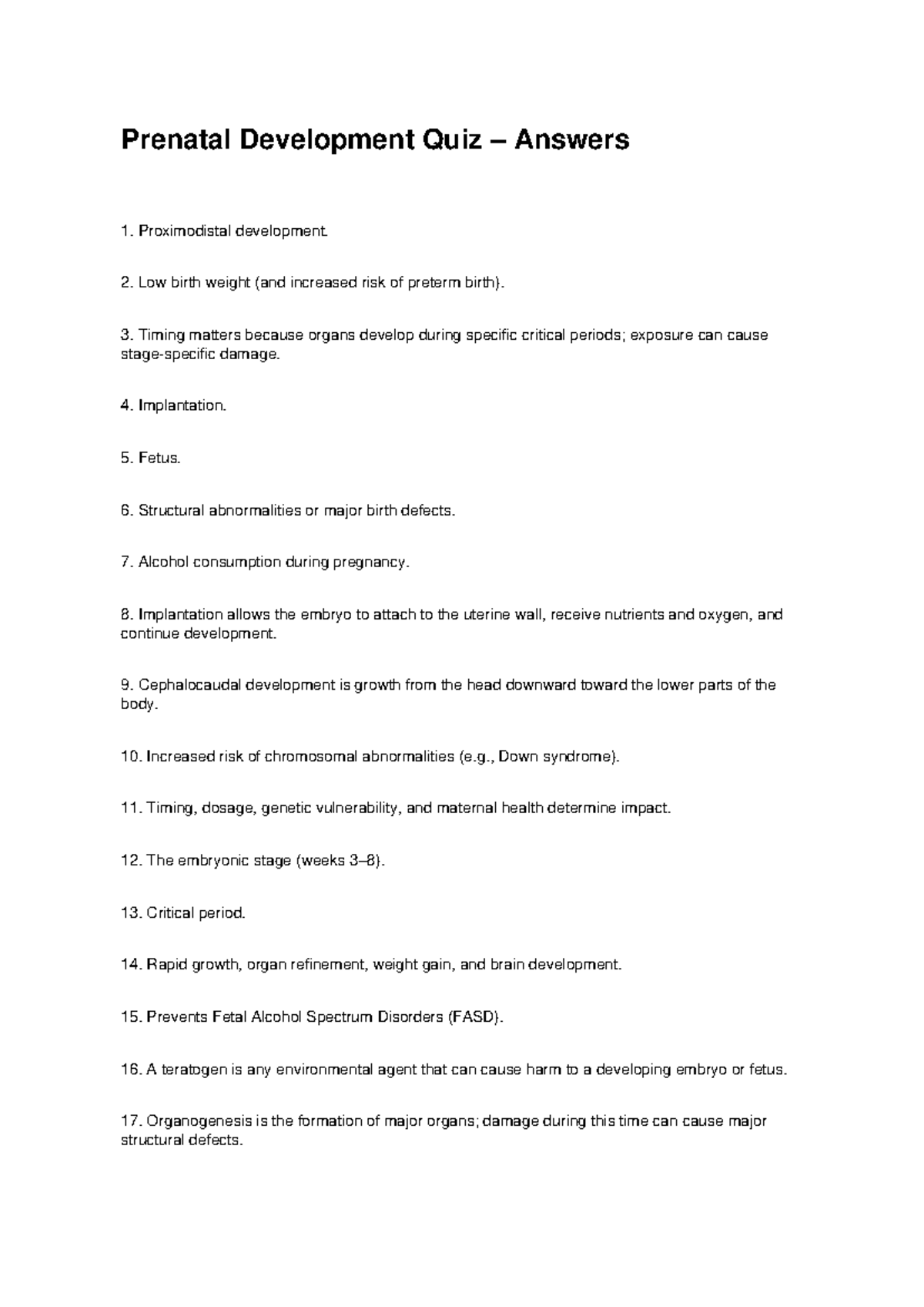 Prenatal Development Quiz Answers and Key Concepts - Studocu
