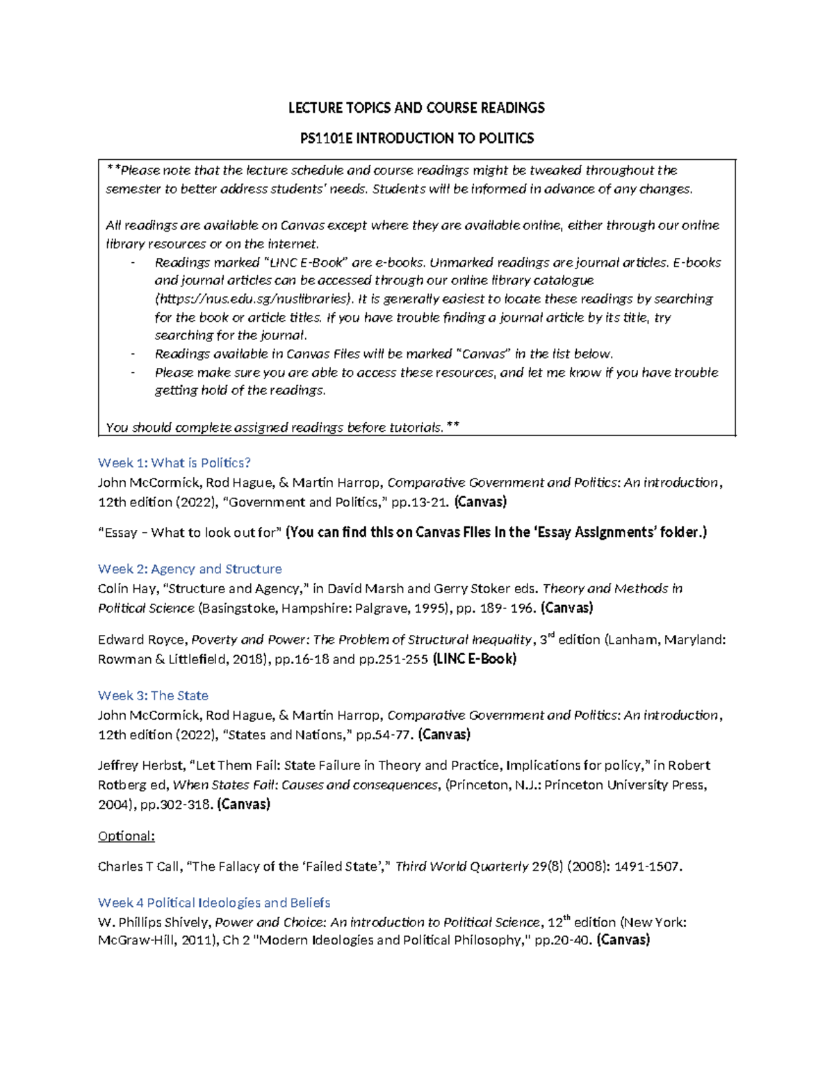 PS1101E Lecture Topics & Reading List for Introduction to Politics ...