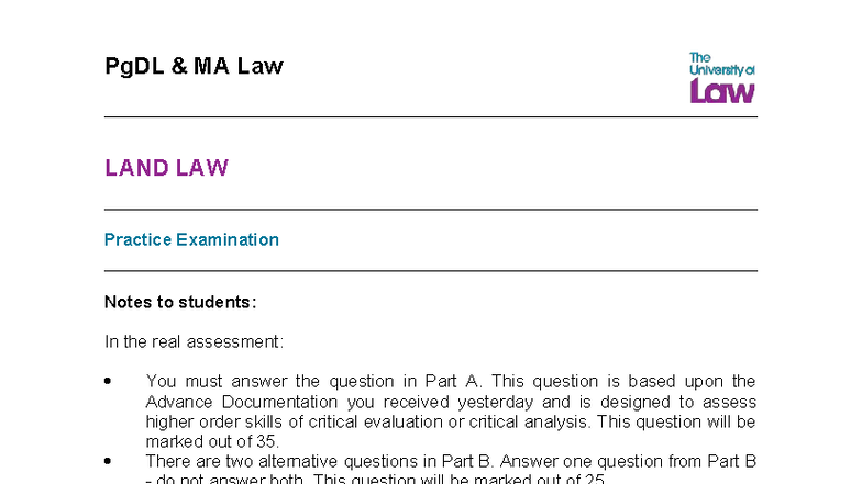 PgDL MA Law LAND LAW Practice Exam Notes & Instructions 2023 - Studocu