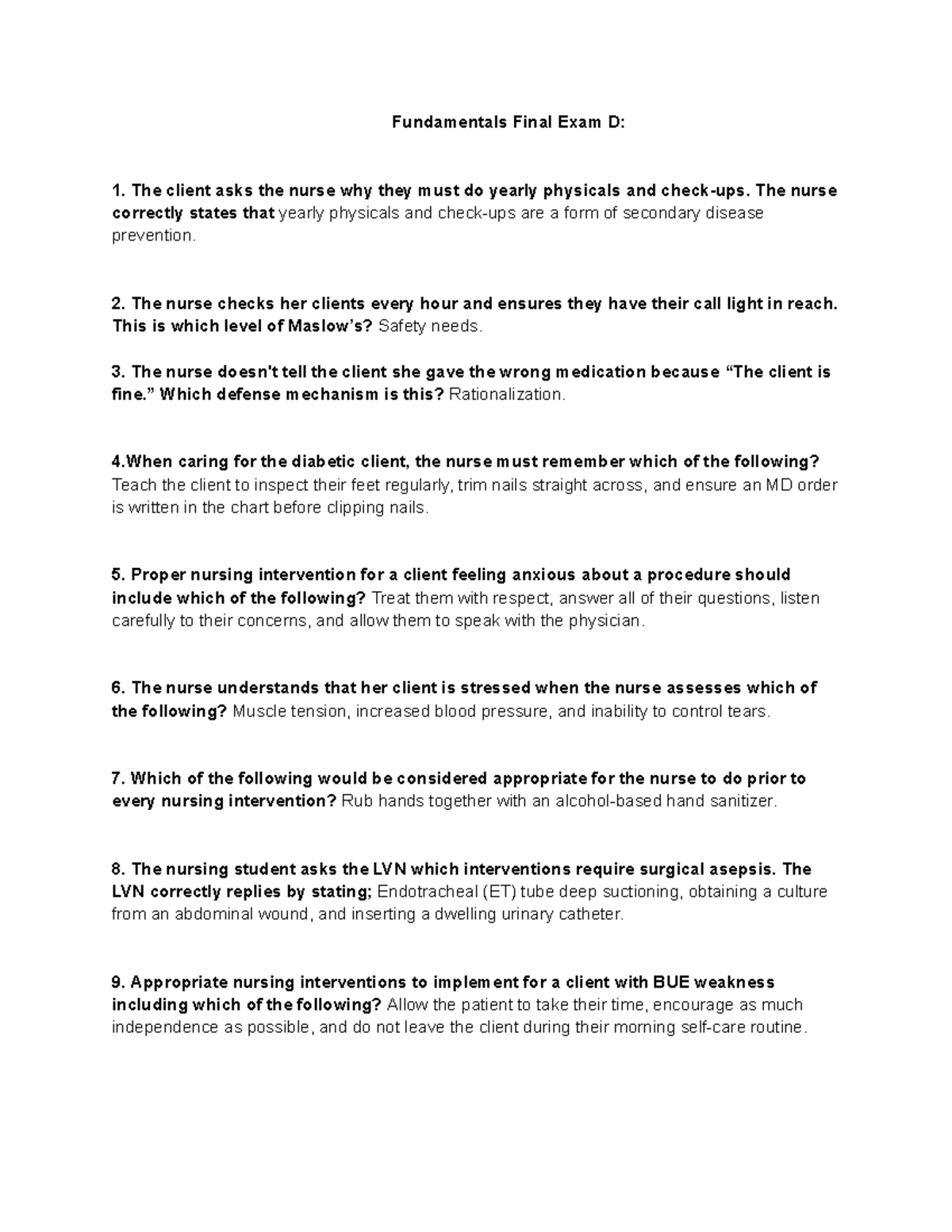 Fundamentals Nursing Final Exam D: Key Concepts and Interventions - Studocu
