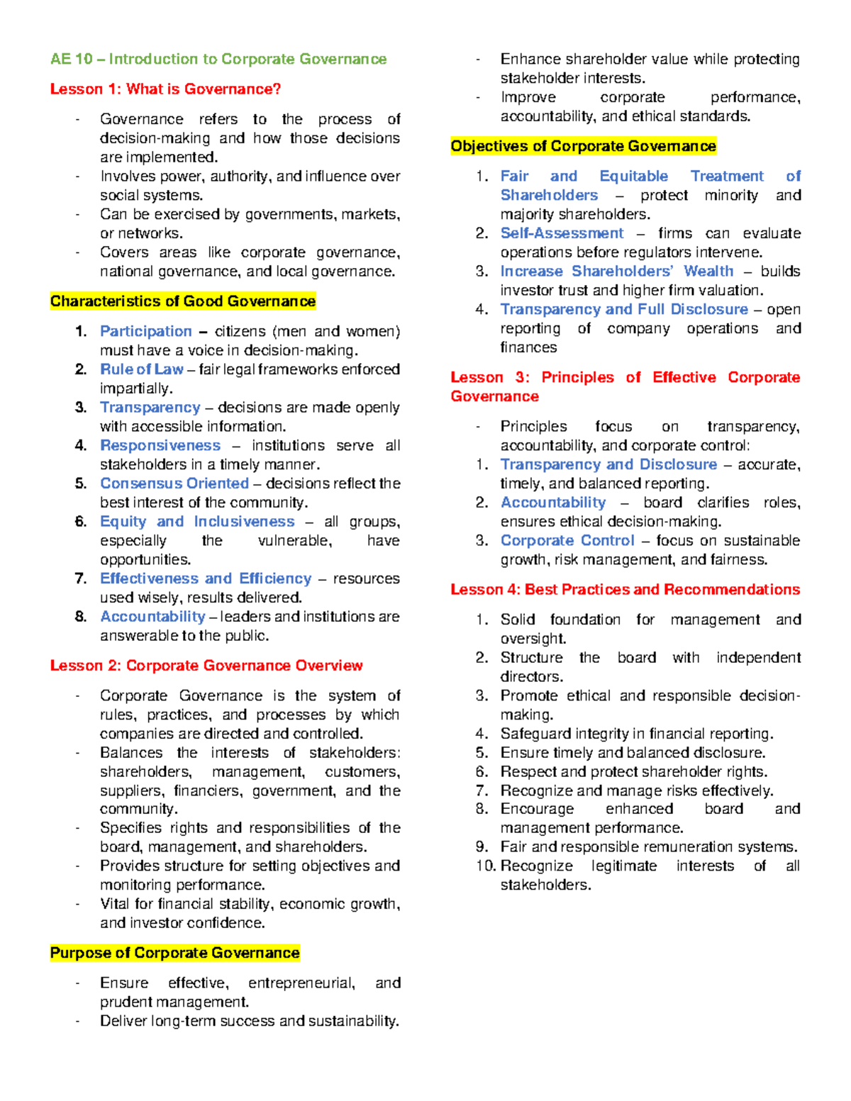 AE 10 Introduction to Corporate Governance Lessons 1-4 Overview - Studocu