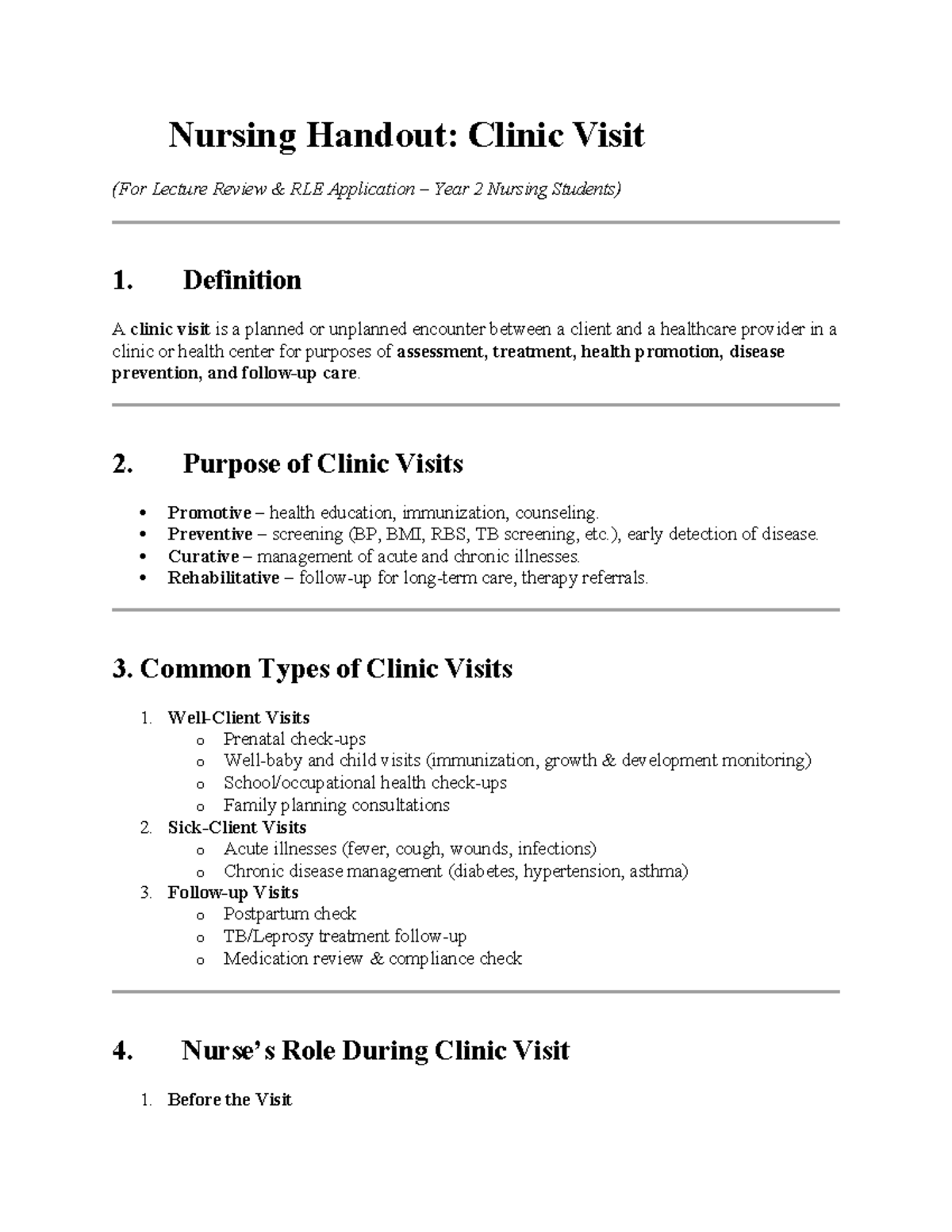 Nursing Handout: Clinic Visit Overview for Year 2 RLE Students - Studocu