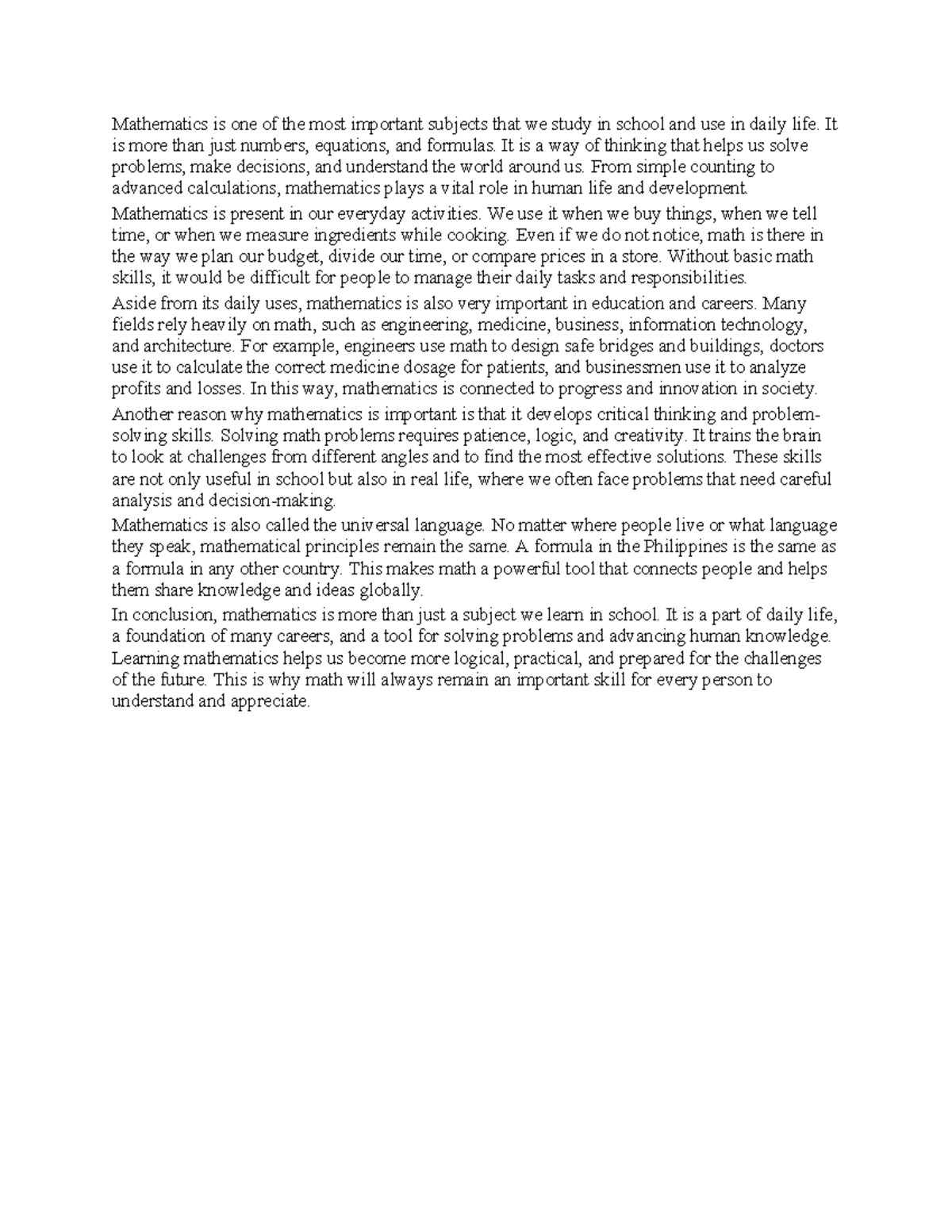 Mathematical Essay: The Importance of Math in Daily Life and Careers ...