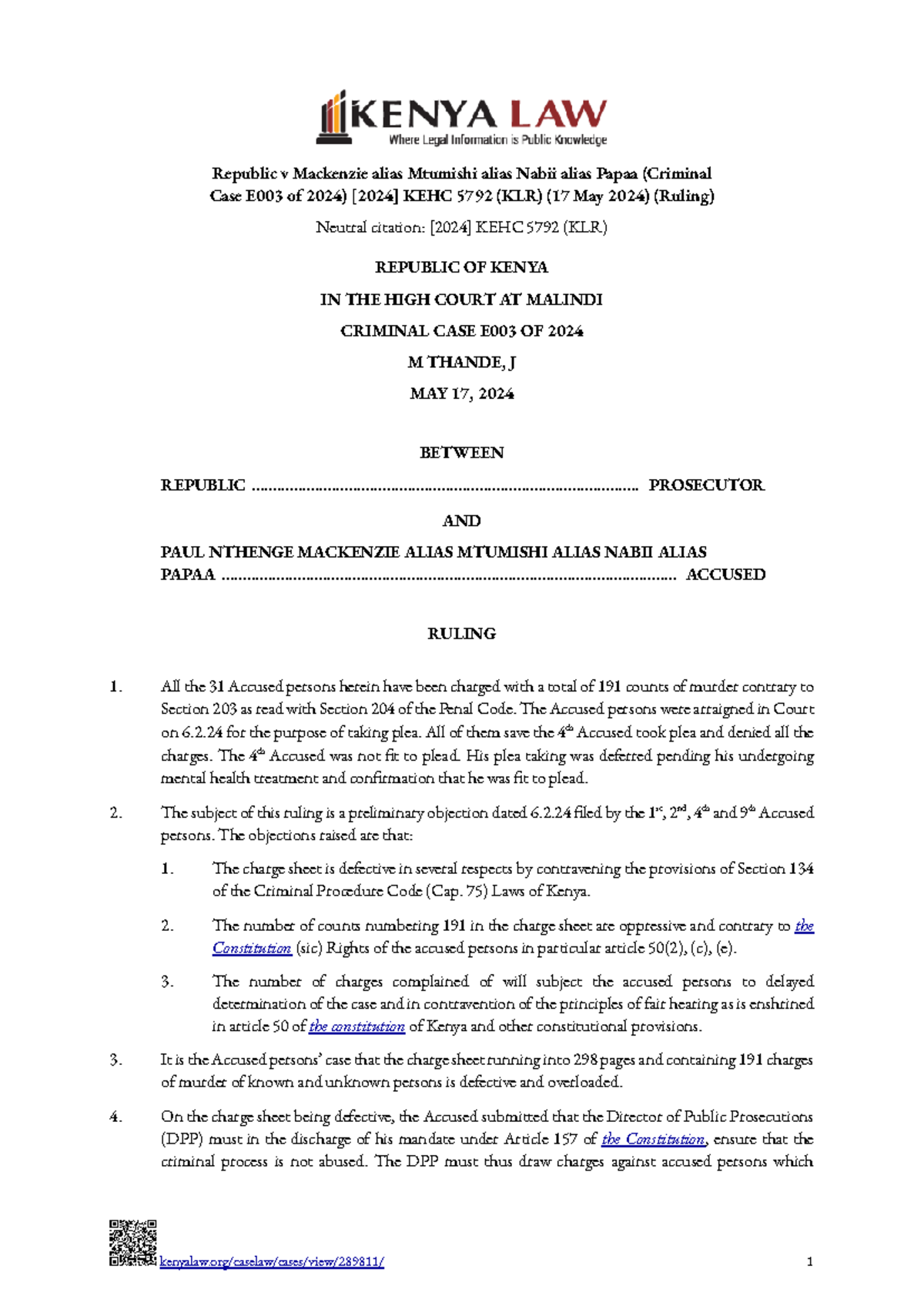 R V Mackenzie - High Court Ruling on Overloaded Charge Sheet E003/2024 ...
