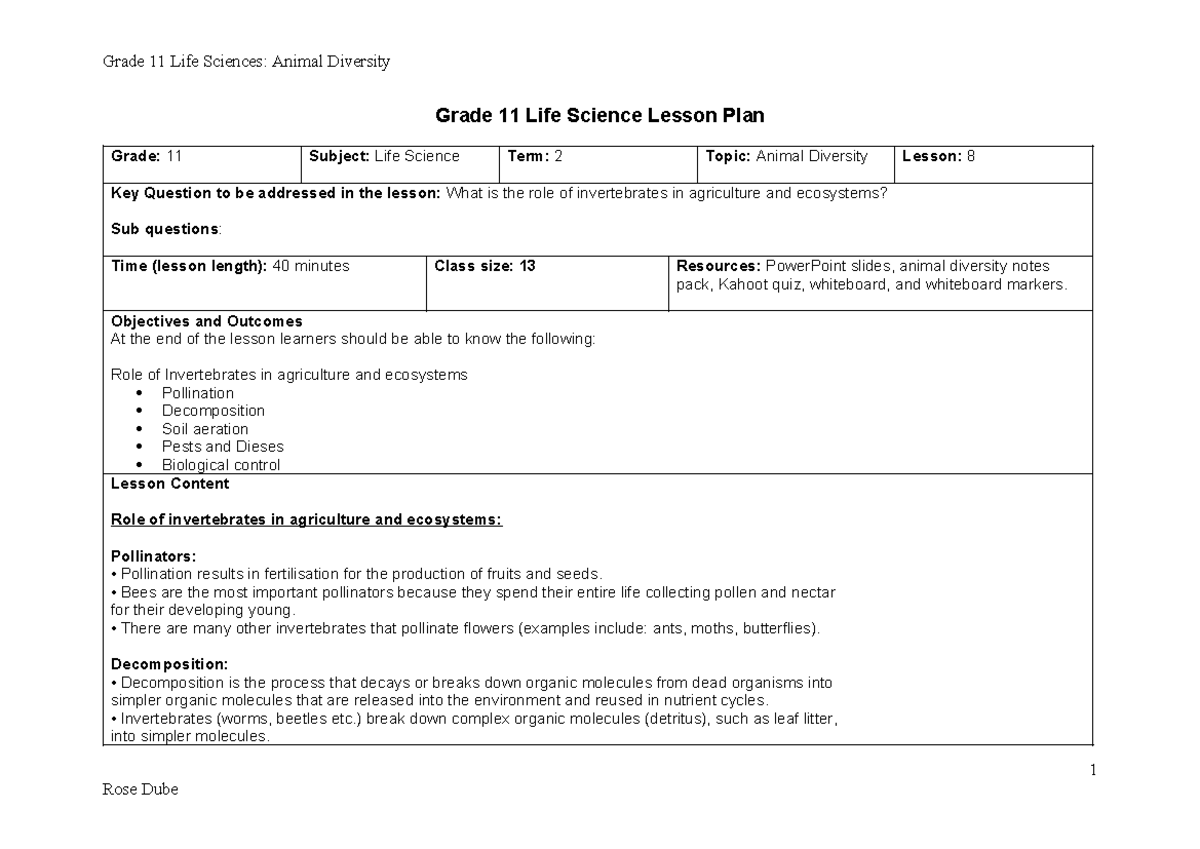 Grade 11 LS Animal Diversity Final Lesson Plan on Invertebrates - Studocu