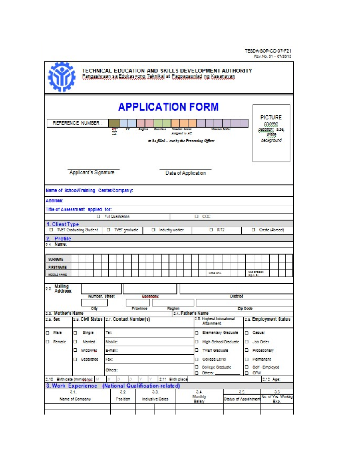 Application AND Admission SLIP - Rev. 01 TECHNICAL EDUCATION AND SKILLS ...