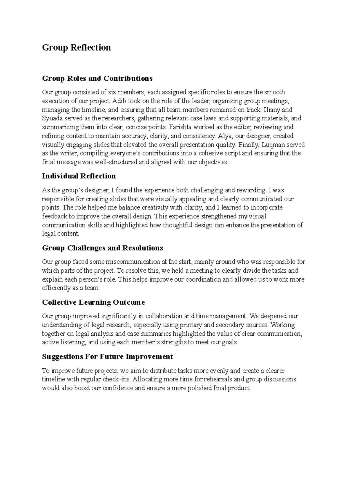 LAW035 Group Reflection on Roles and Contributions in Project Execution ...