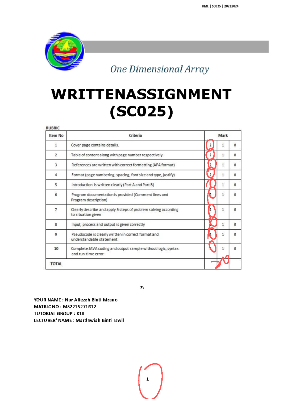 Written Assignment SC025: Arrays and Problem-Solving in Java - Document Preview