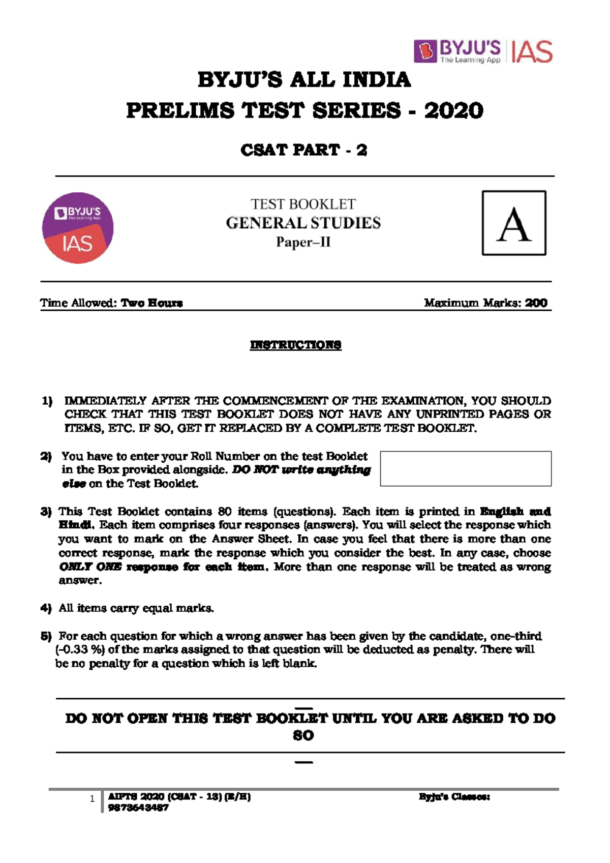 UPSC CSAT Mock Test 2 Prelims 2020 - BYJU’S ALL INDIA PRELIMS TEST ...
