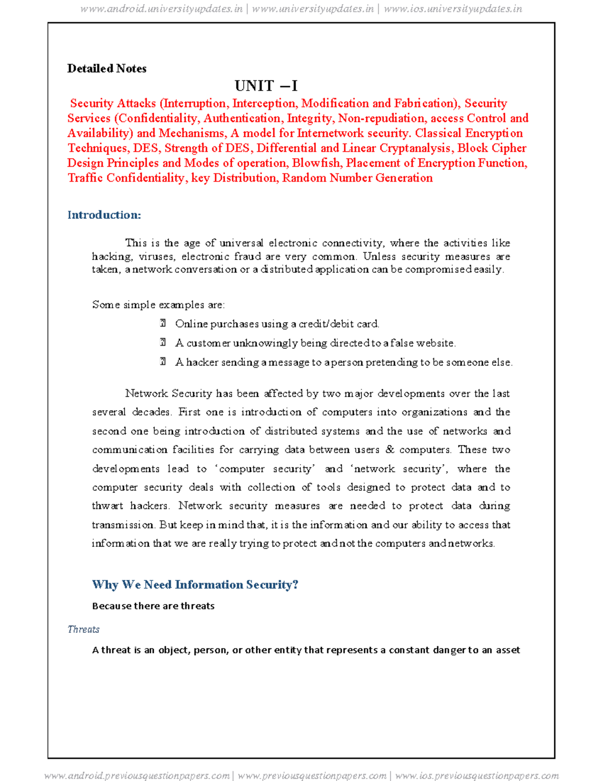 Information Security Notes Jntuh - Detailed Notes UNIT – I Security ...