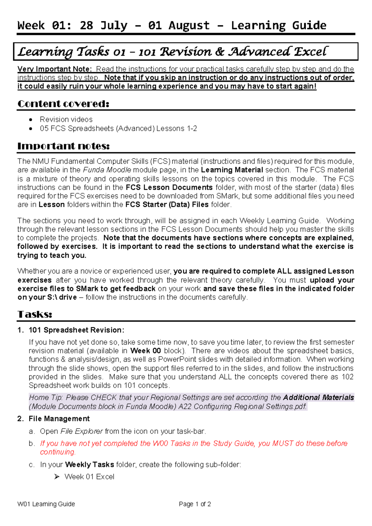 W01: 28 July - 01 August Learning Guide for Advanced Excel Tasks - Studocu
