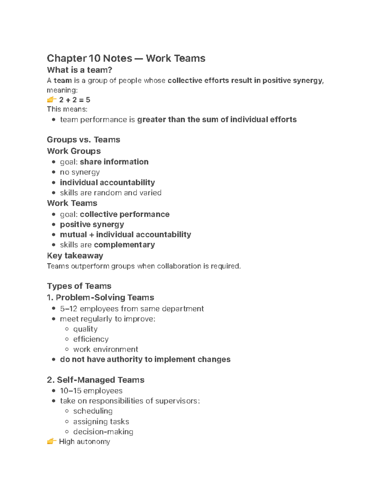 Chapter 10 Notes: Understanding Work Teams and Their Dynamics - Studocu