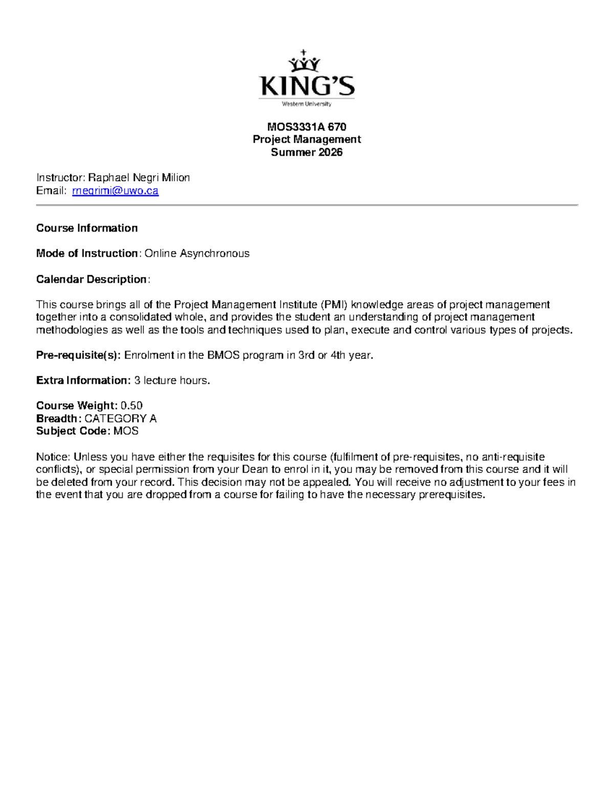 MOS 670 Project Management Course Overview - Summer 2026 - Studocu