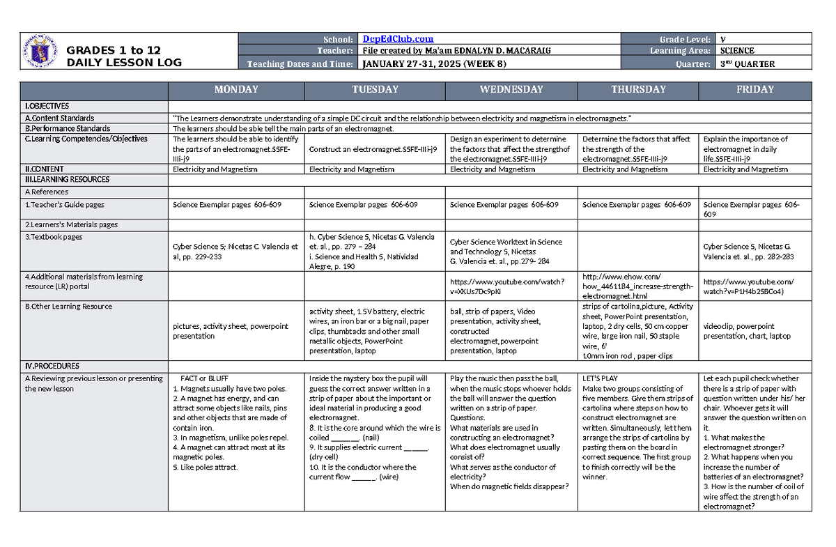 DLL Science 5 Q3 W8 - NONE - GRADES 1 to 12 DAILY LESSON LOG School ...