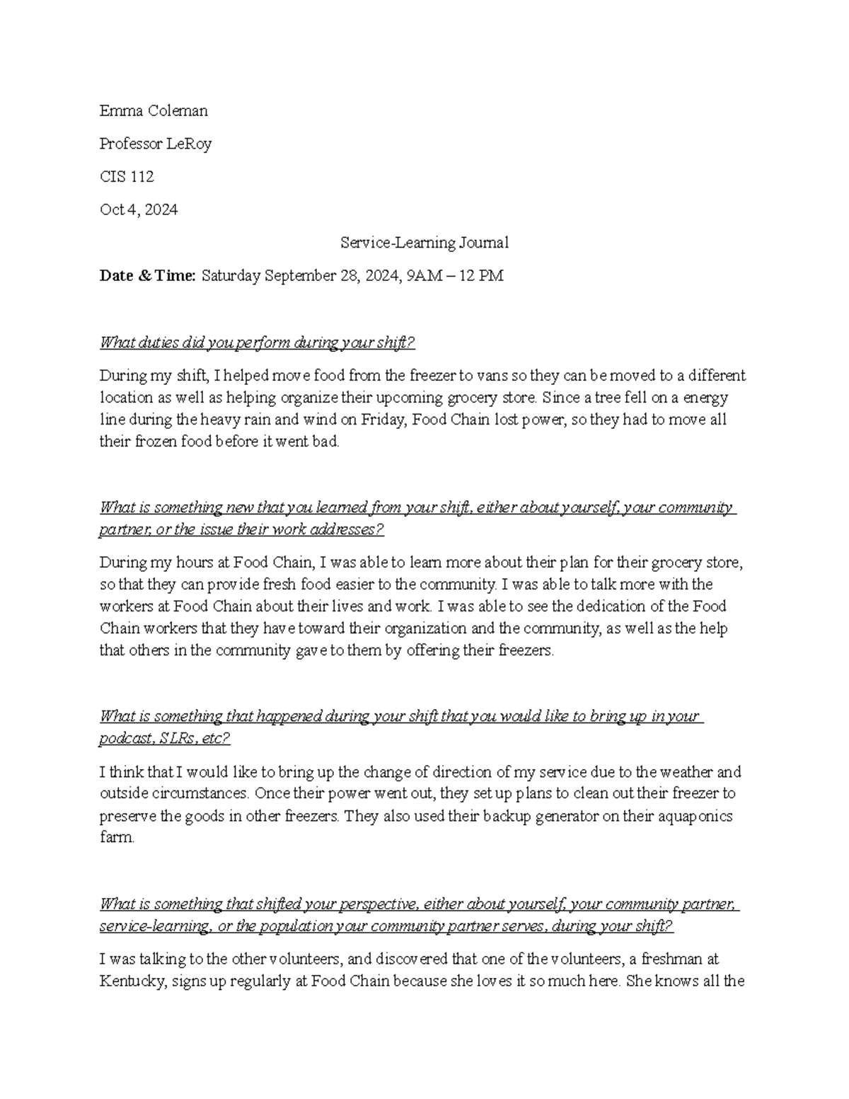 SLJ - Service learning journal - Emma Coleman Professor LeRoy CIS 112 ...