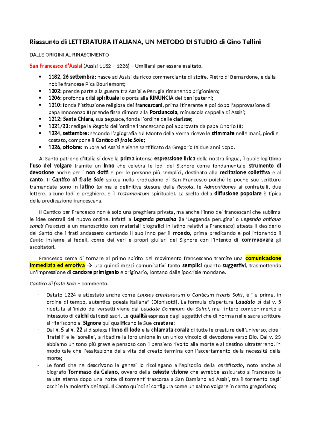 Riassunto di Letteratura Italiana: Metodo di Studio (Tellini) - Document Preview