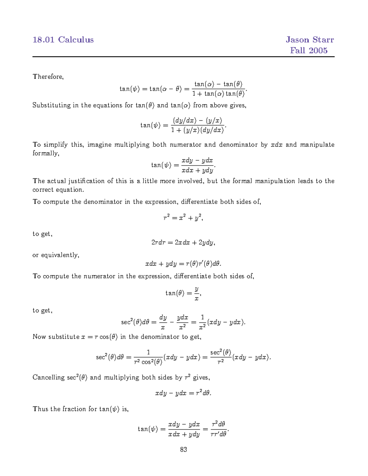 18.01 Calculus Lecture Notes: Tan Functions and Derivatives - Studocu