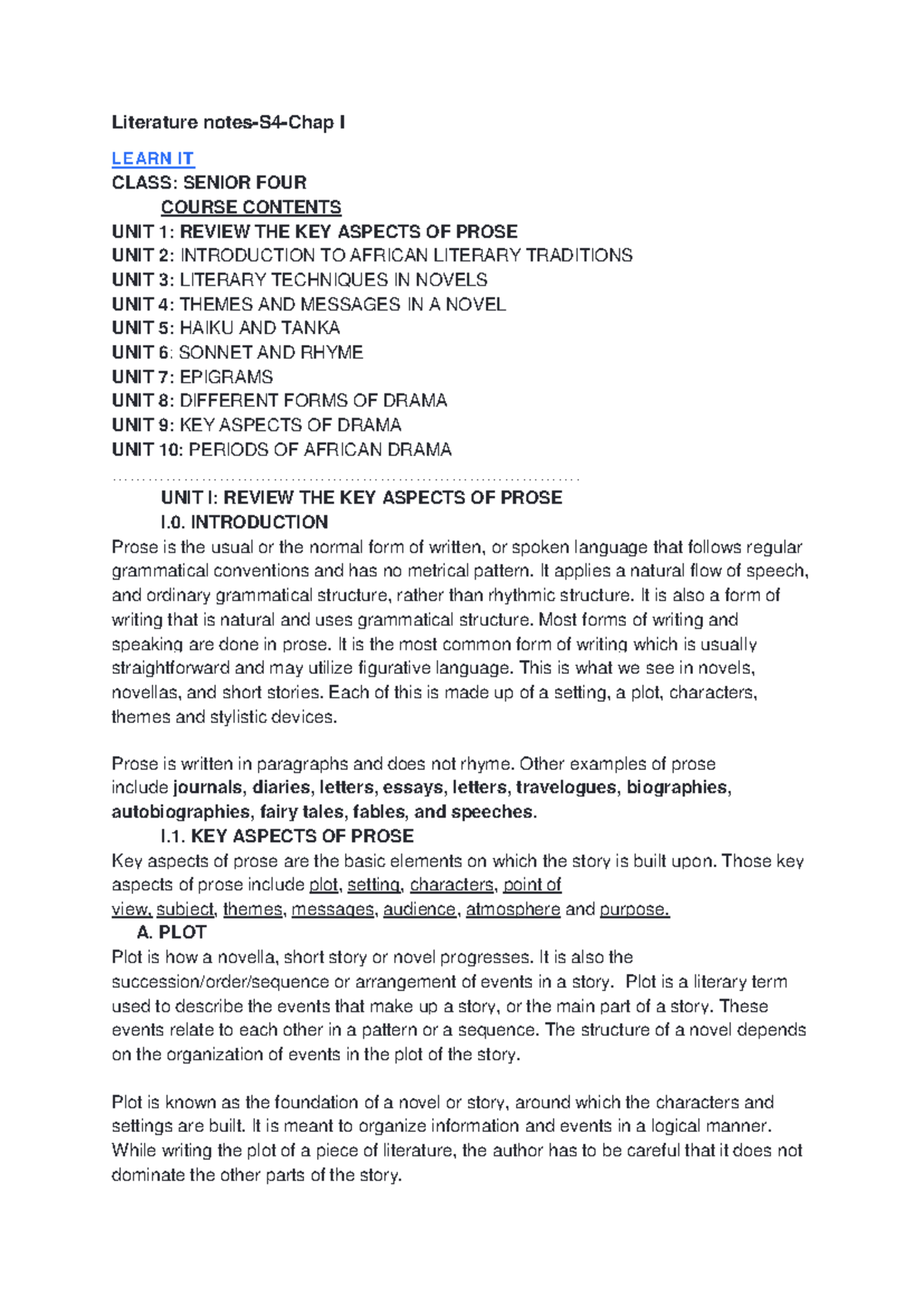 S4 Literature Notes - Key Aspects of Prose and Drama - Studocu