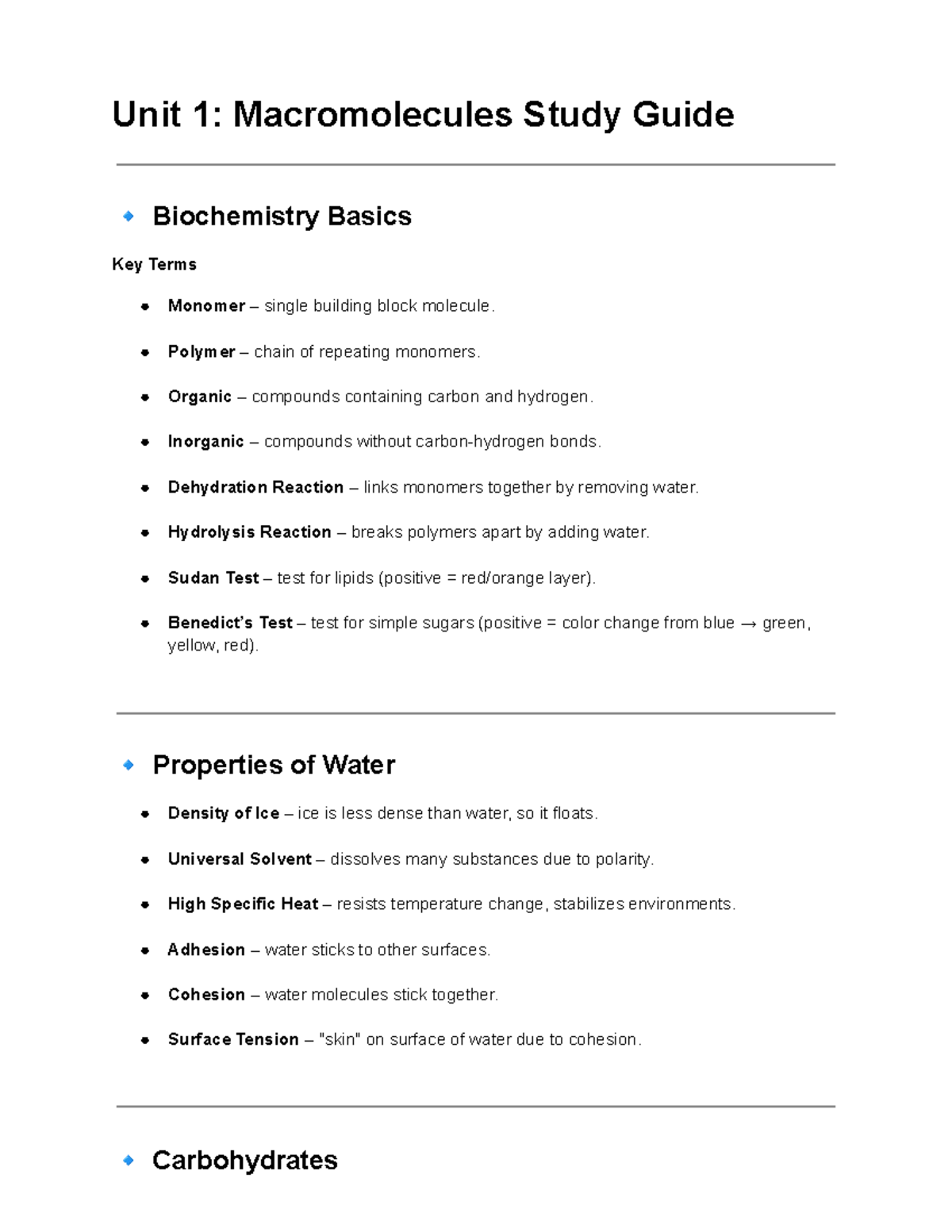 Unit 1: Macromolecules Study Guide 2025 - Key Terms & Concepts - Studocu