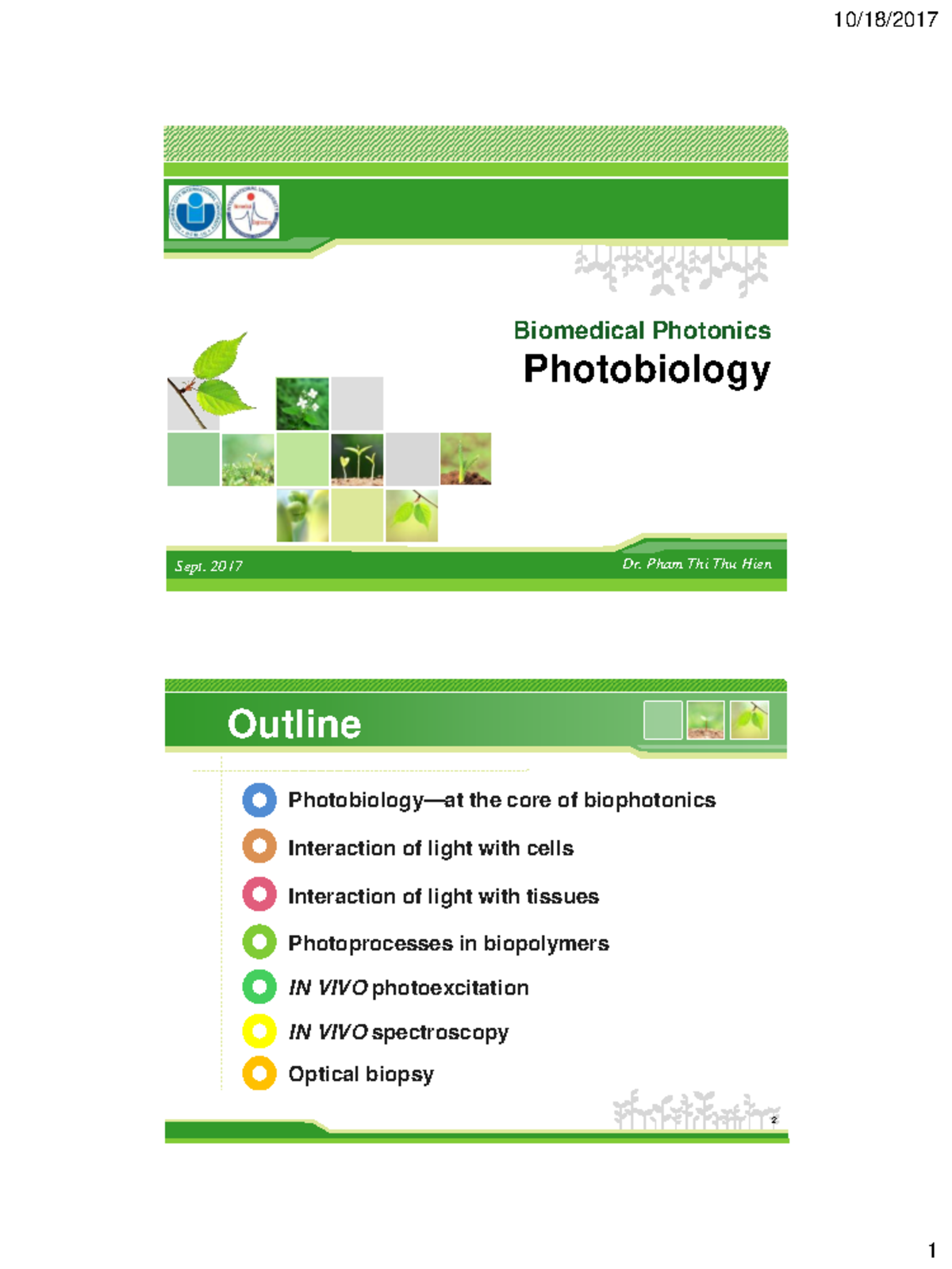 Biophotonics (BIOM 101) - Chapter 6: Light Interaction with Cells and ...