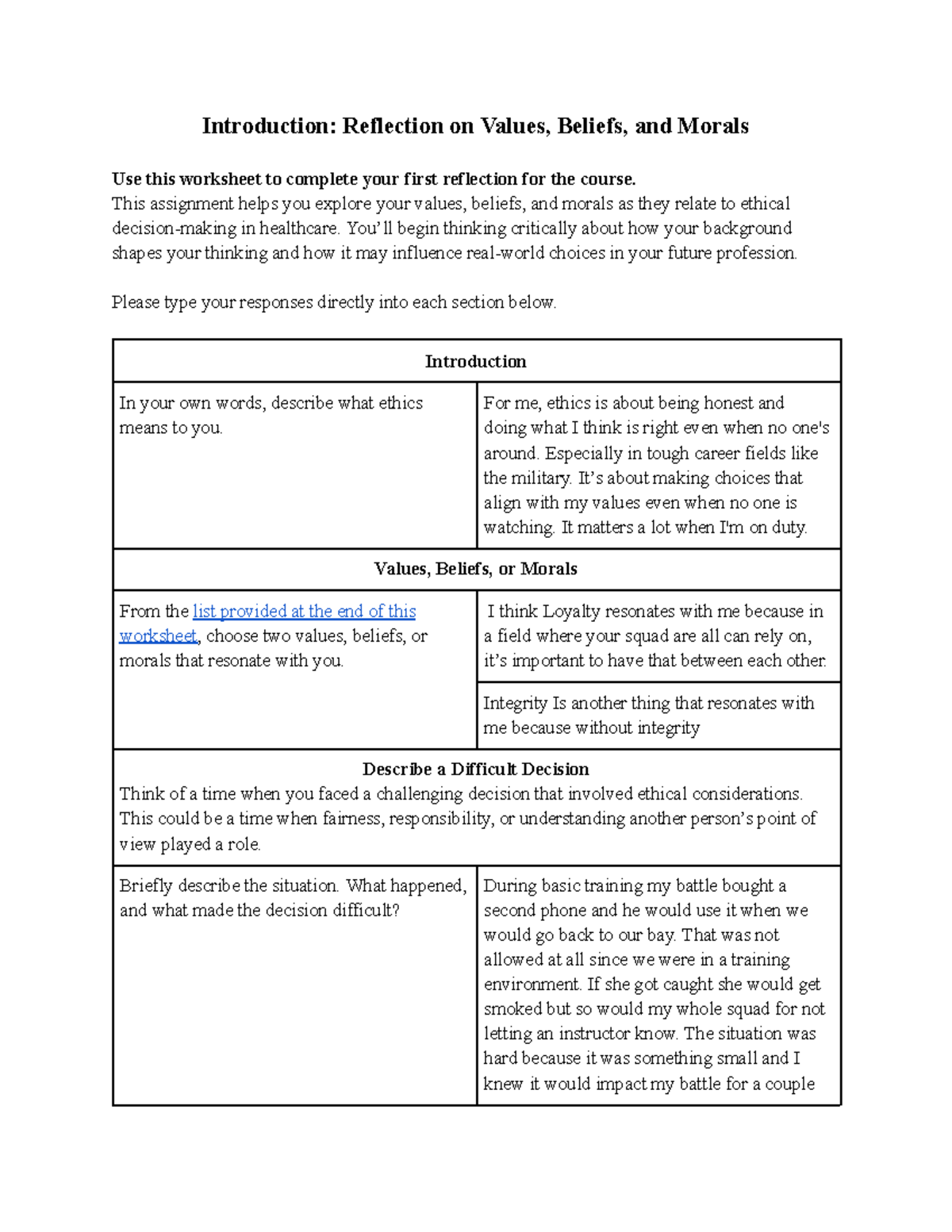 Reflection on Values, Beliefs, and Morals in Healthcare Ethics - Studocu