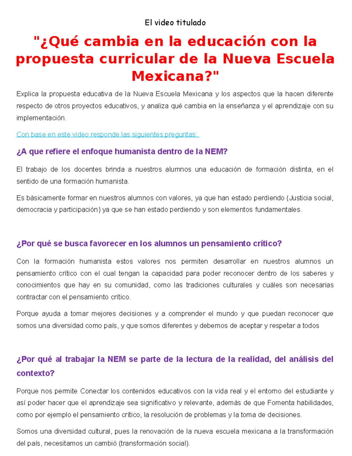 Cambios en la Educación: Propuesta de la Nueva Escuela Mexicana - Studocu