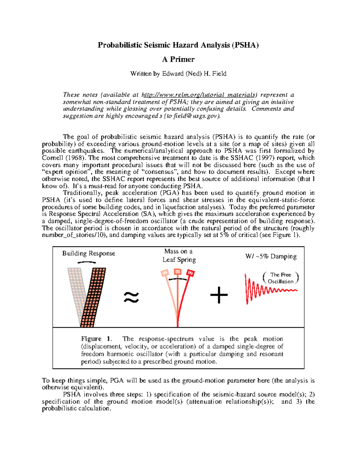 Probabilistic Seismic Hazard Analysis (PSHA) Primer Notes by Edward H ...