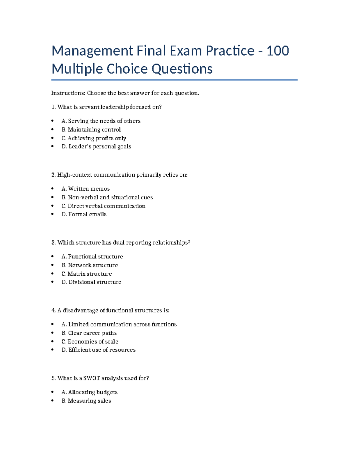 Management FIN 101 Final Exam Practice: 100 MCQs for Review - Studocu