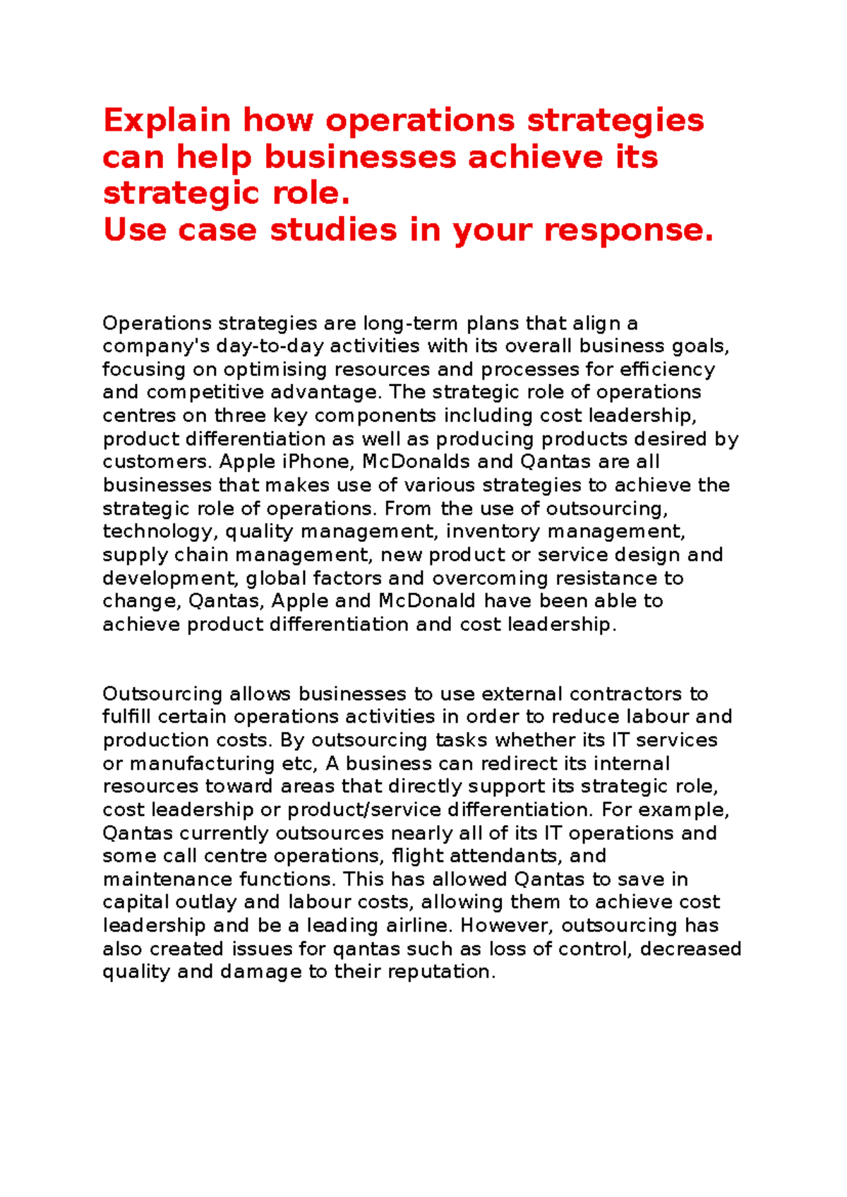 Operations Strategies for Achieving Business Goals: Case Studies - Studocu