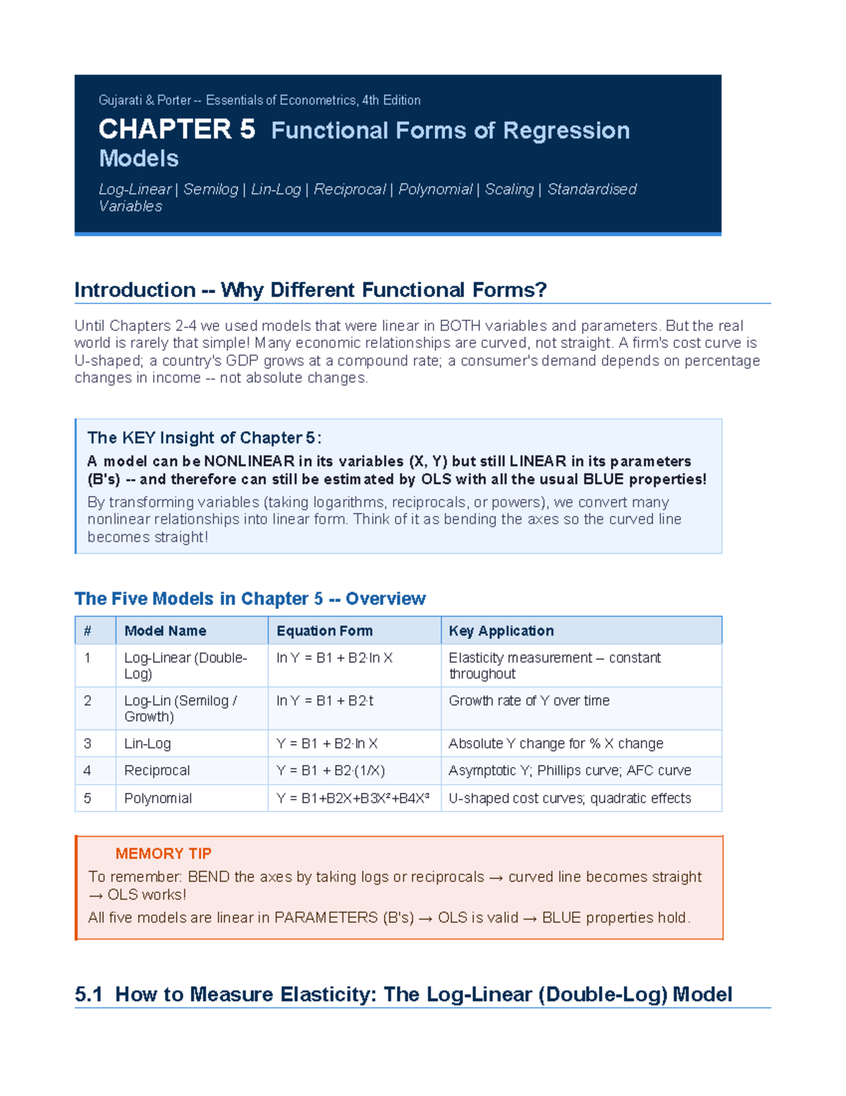Econometrics 101: Ch5 Functional Forms Exam Notes - Studocu