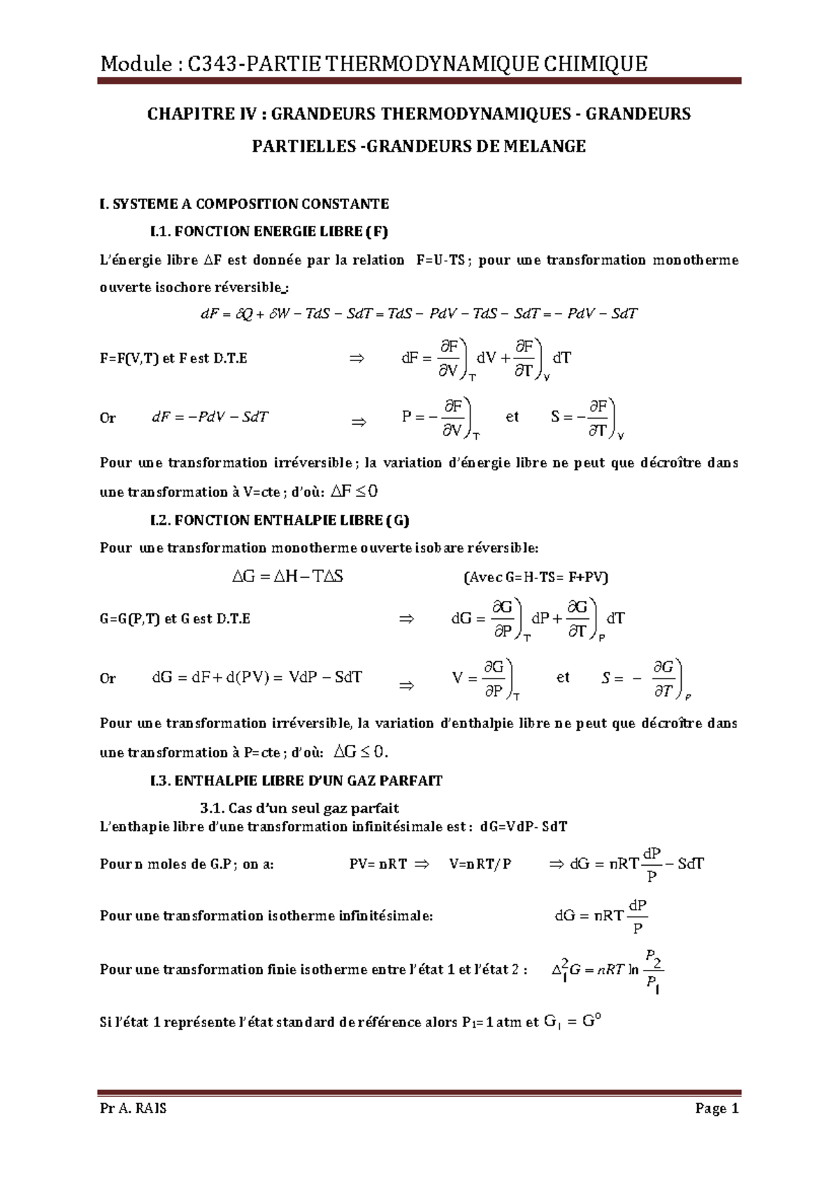Module C343 - Thermodynamique - Chapitre IV : Grandeurs ...
