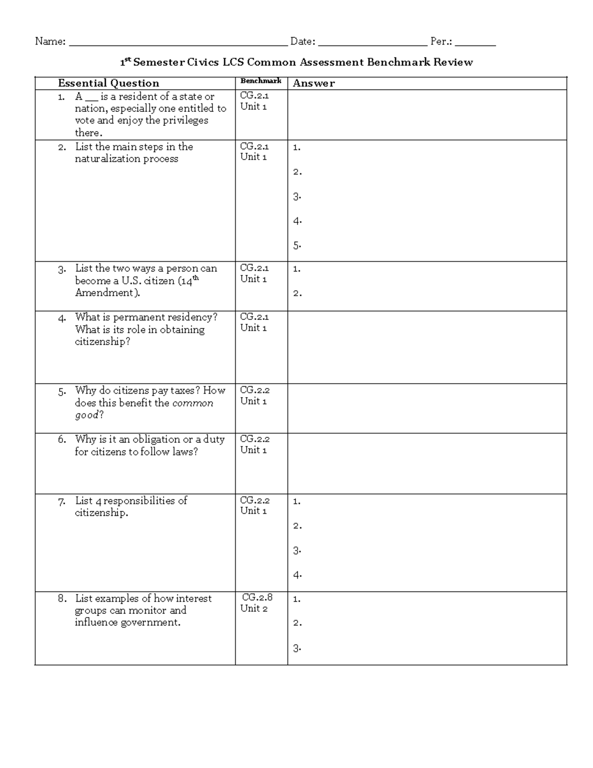 24-25 1st Semester Civics LCS Common Assessment Benchmark Review - Name ...