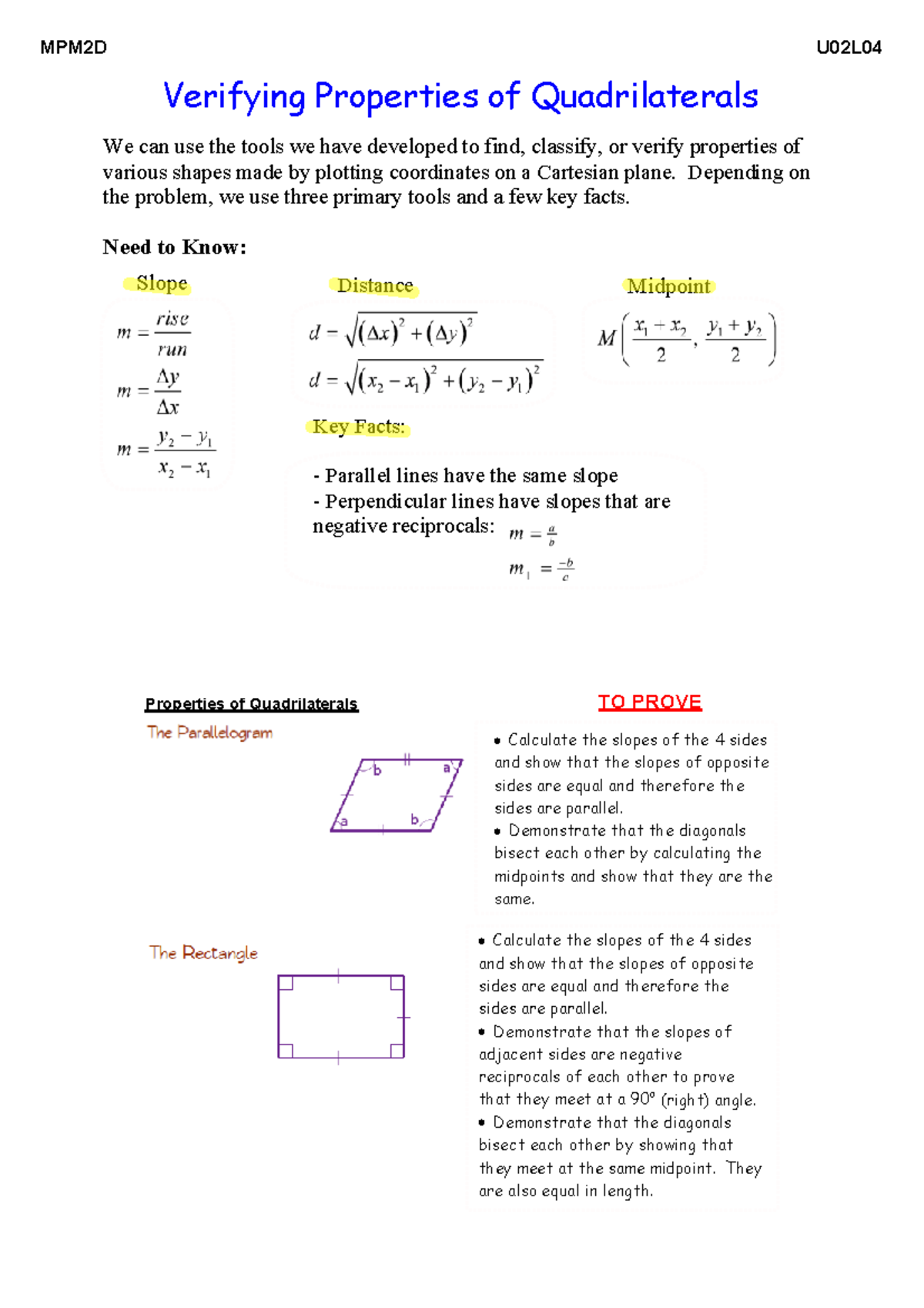 U2L04 Verifying Properties of Quadrilaterals completed notes Day 2 ...
