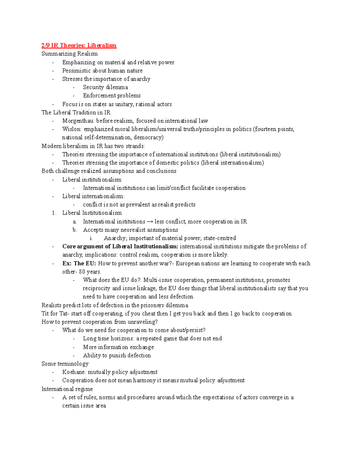 Poli Sci 140 Lecture Notes: Liberalism vs. Realism in IR Theories - Studocu